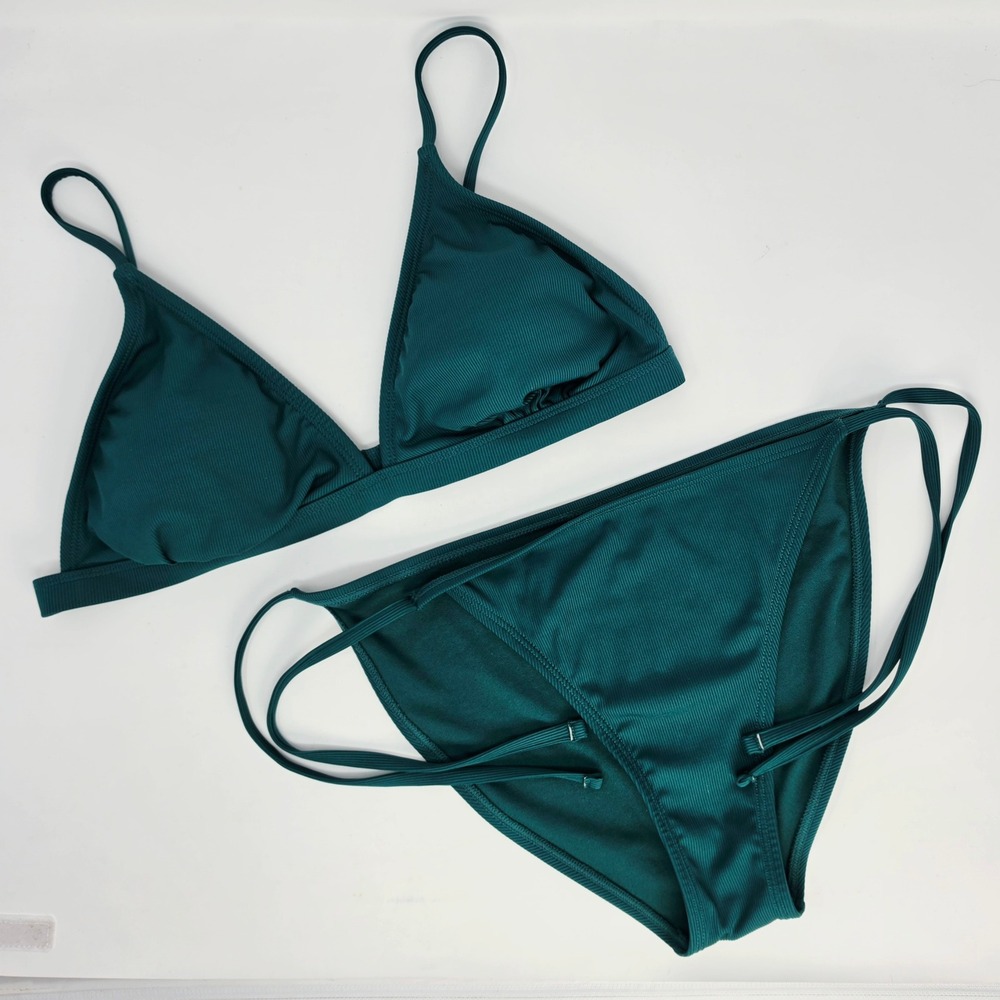 Shade & Shore Ribbed Bikini Set Sz Medium Top Sz Large Bottom Teal String Good